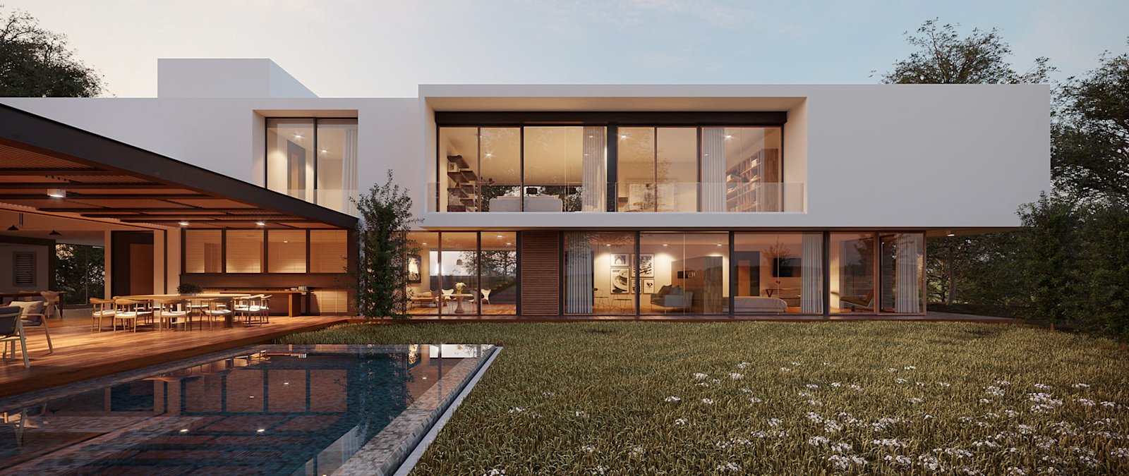 Arquitectura residencial y piscina del proyecto MOBEN
